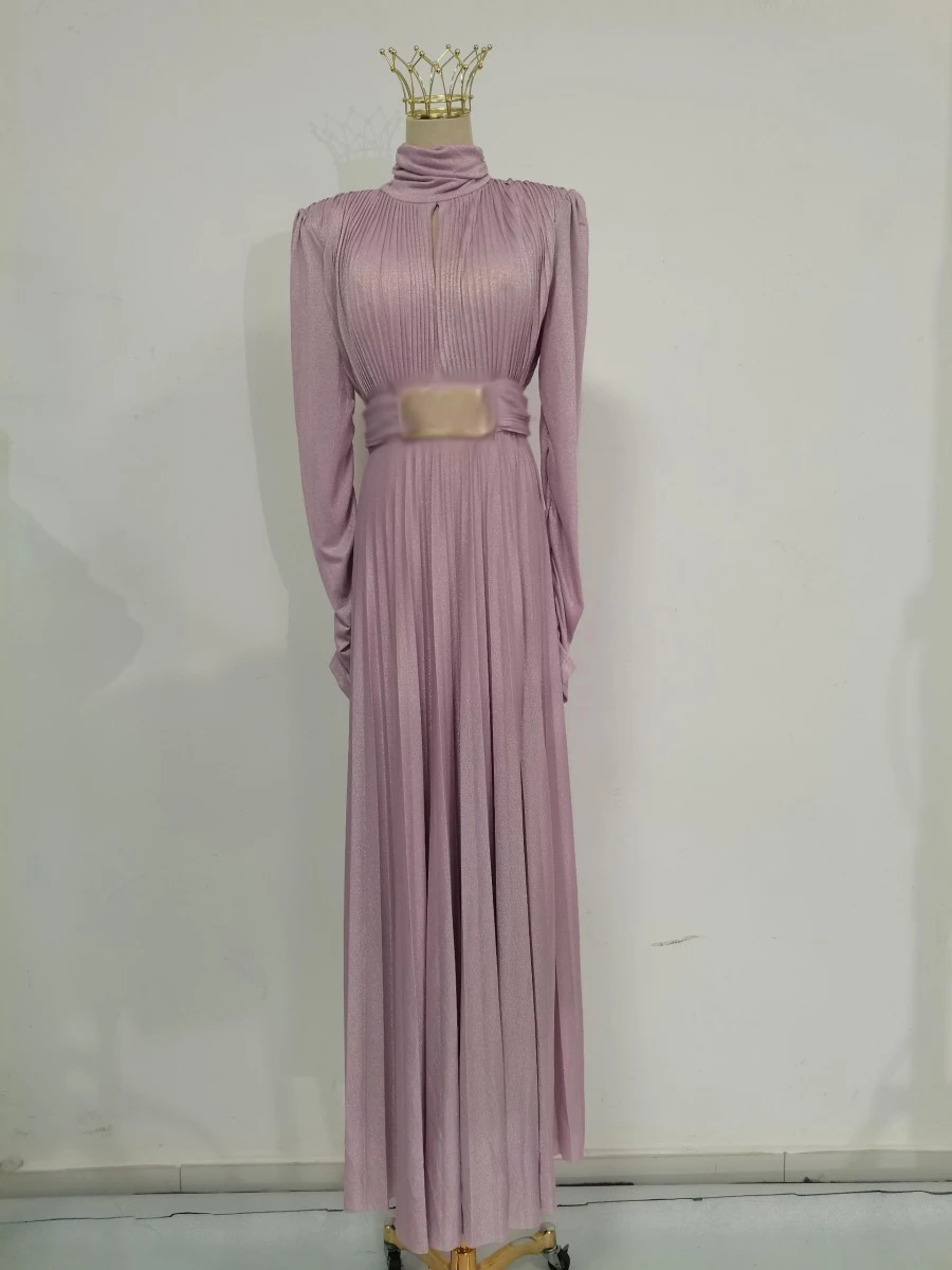 TWOTWINSTYLE Solid Spliced Belt Slimming Dresses For Women O Neck Long Sleeve High Waist Temperament Long Dress Female Clothes