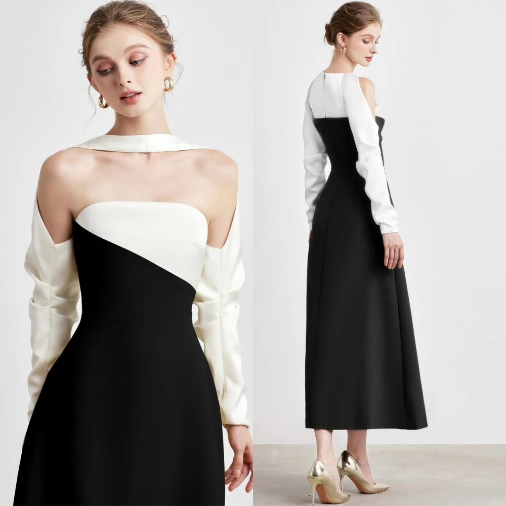 Customized Temperament Long Sleeves Evening Dress Elegant Jersey  Prom Dresses Sexy Contrast Color Special Occasion Gowns