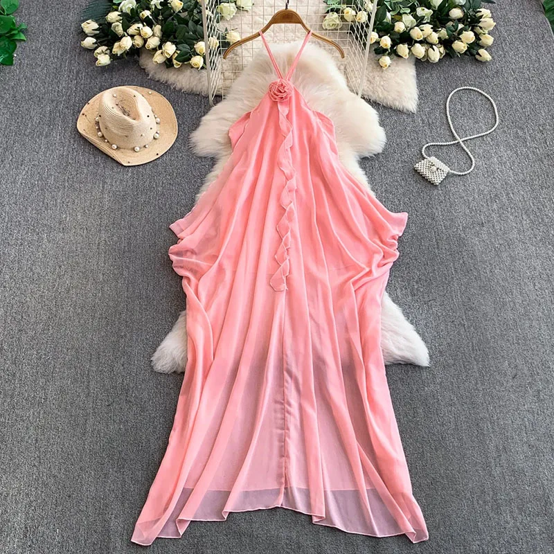 

Chiffon 3D Floral Sundress Women Lace Up Ruffles Summer Beach Weekend Holiday Romantic Flowy Draped Halter Long Dress