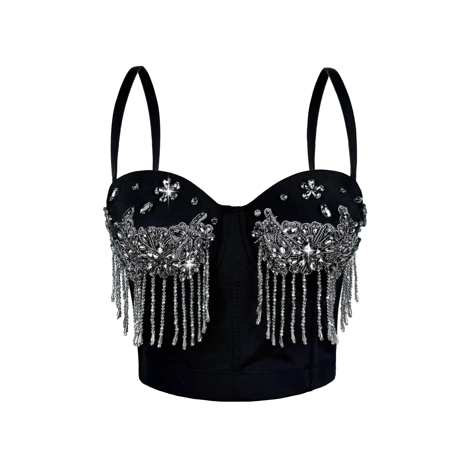 

New Rhinestone Tassel Fish Bone Bra Handmade Bead Sling Vest Short Outer Wear with Chest Pad Tube Top Y2k Crop Top