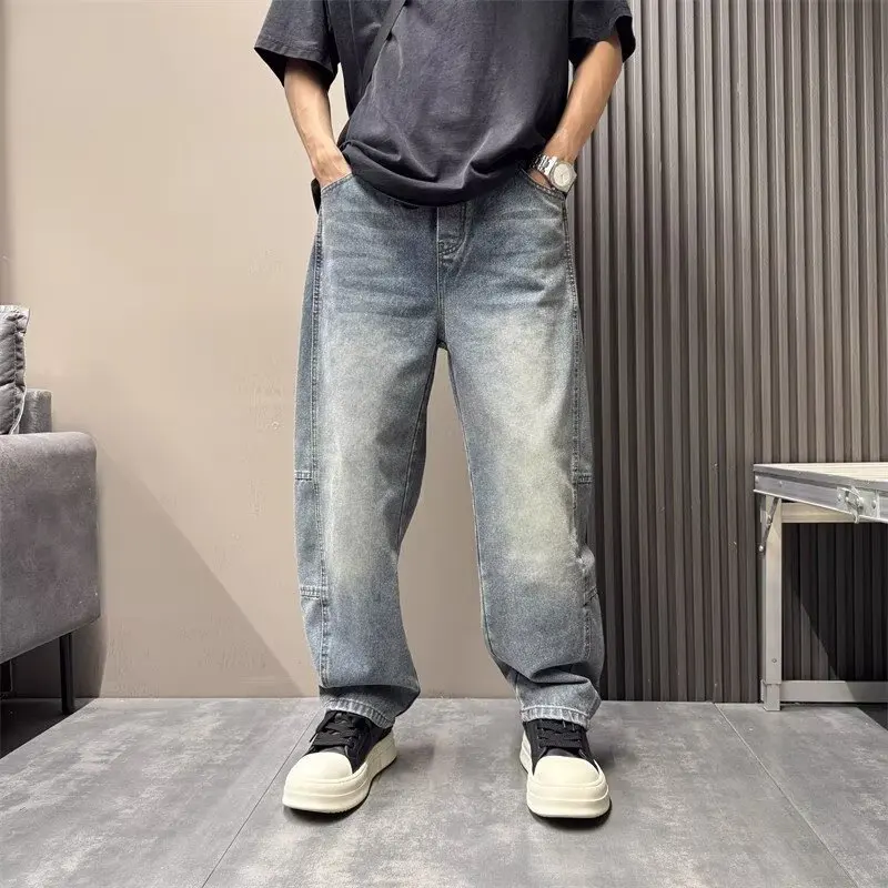 2025 New Korean Jeans Blue Washed Gradient Trendy Loose Straight Leg Made Old Straight Leg Pants