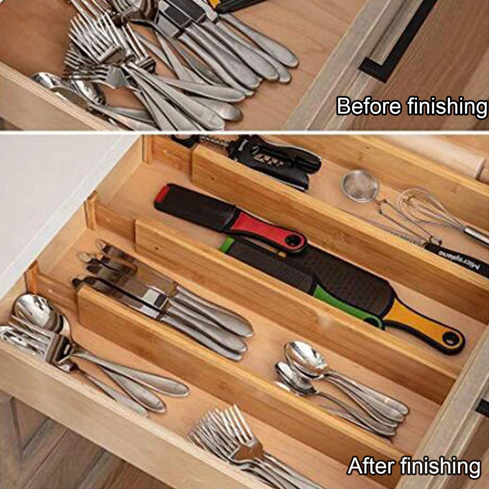 Adjustable Bamboo Drawer Dividers Organizers, Spring Loaded Expandable Kitchen Drawer Separators Wooden Drawer Organization