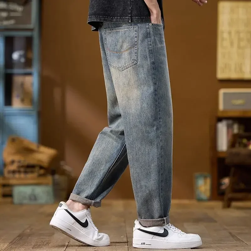 Neue Vintage-Jeans für Herren, schmale Passform, bestickt, gerade, trendige Denim-Hose, hohe Taille, elastische Taille, atmungsaktive Herren-Baggy-Hose