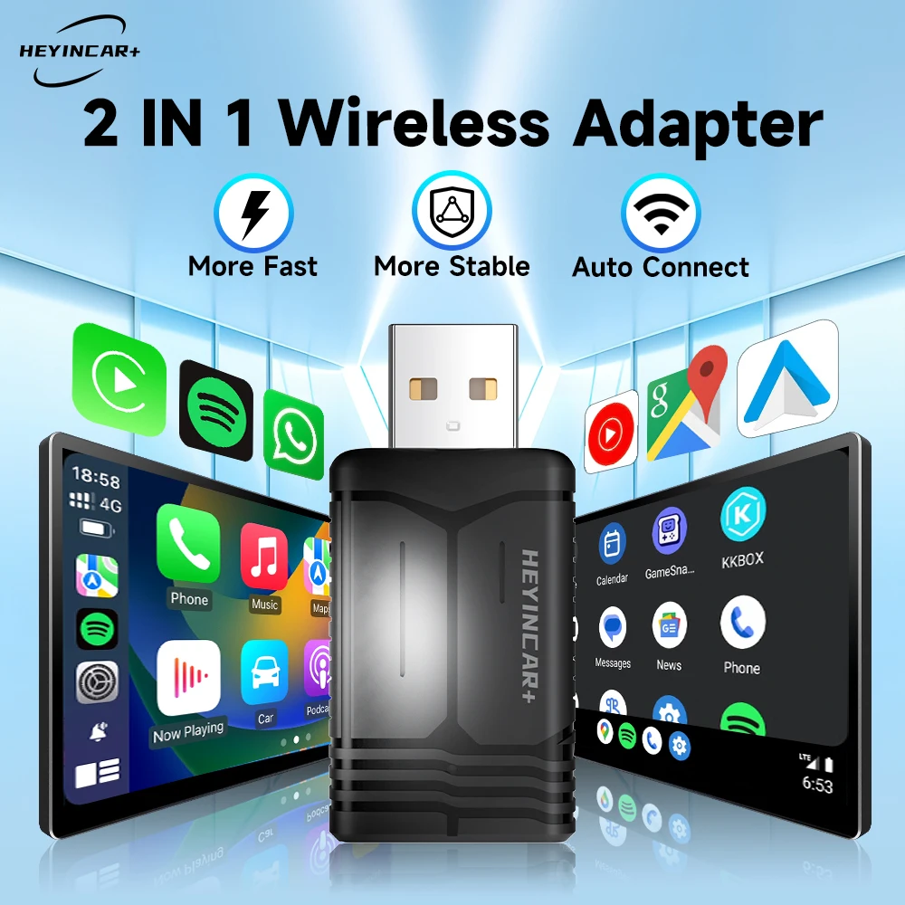 2024 NEW HEYINCAR 2in1 Smart  Wireless Android Auto Adapter Carplay Wireless For Volvo  Mg  Benz Hyundai Fiat Mazda Opel Audi