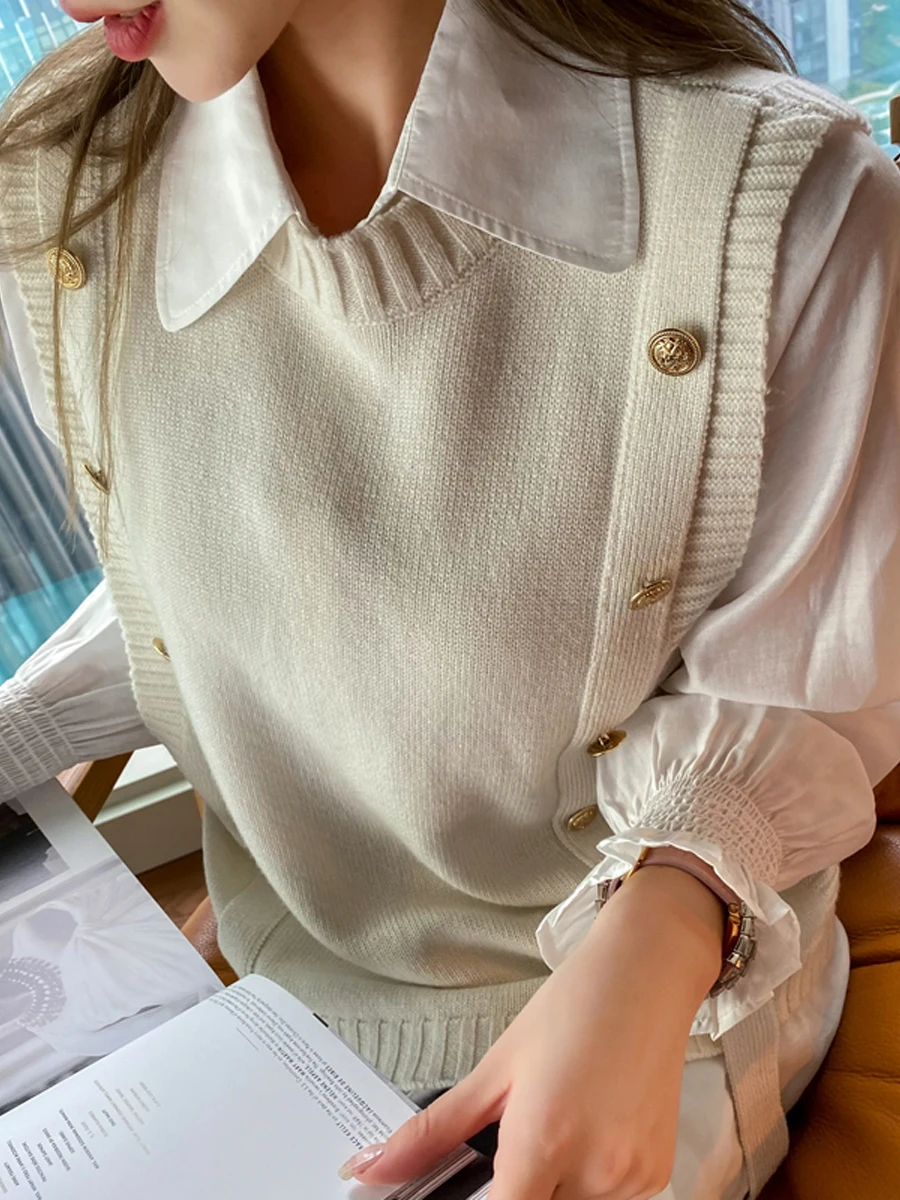 

Модный универсальный простой вязаный свободный женский жилет, осенняя новинка, с круглым вырезом, без рукавов, в стиле lazy, цветной шерстяной топ