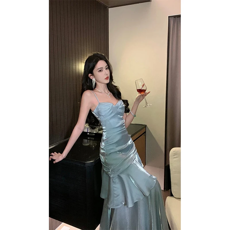 MEXZT Vintage długa sukienka damska na imprezę bal seksowny Spaghetti pasek Maxi sukienki elegancka suknia z marszczeniami lato koreański Bodycon Vestidos