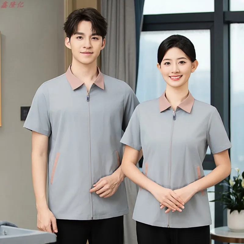 Collar Zipper Cardigan Cleaning Uniform Short Sleeve Workwear Property Hotel Guest Room Cleaner Summer Thin Work Shirt