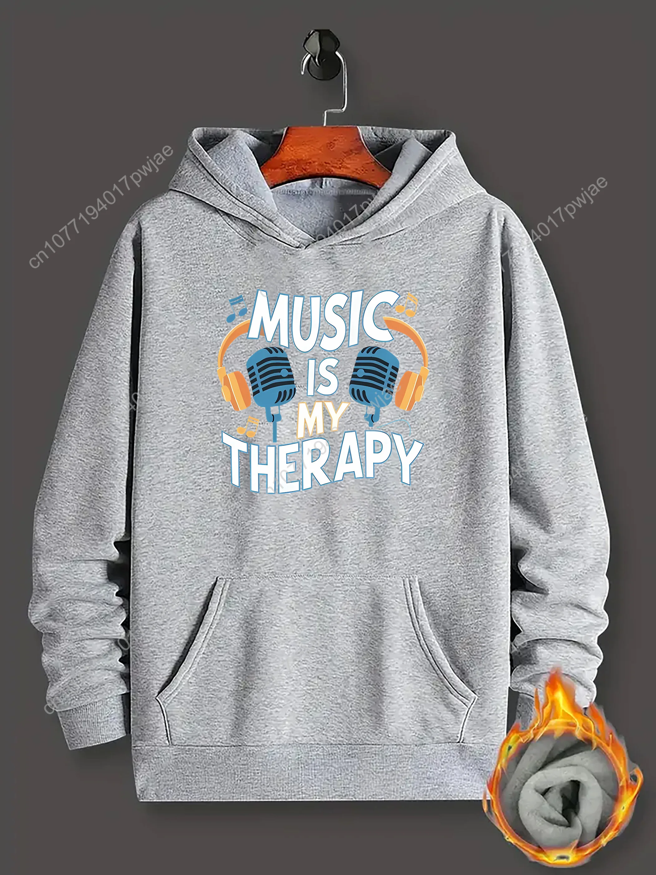 Polyester casual losse pasvorm muziek is mijn therapie hoodie voor heren met kangoeroezak, alfabetprintontwerp, gebreide stof voor het hele seizoen