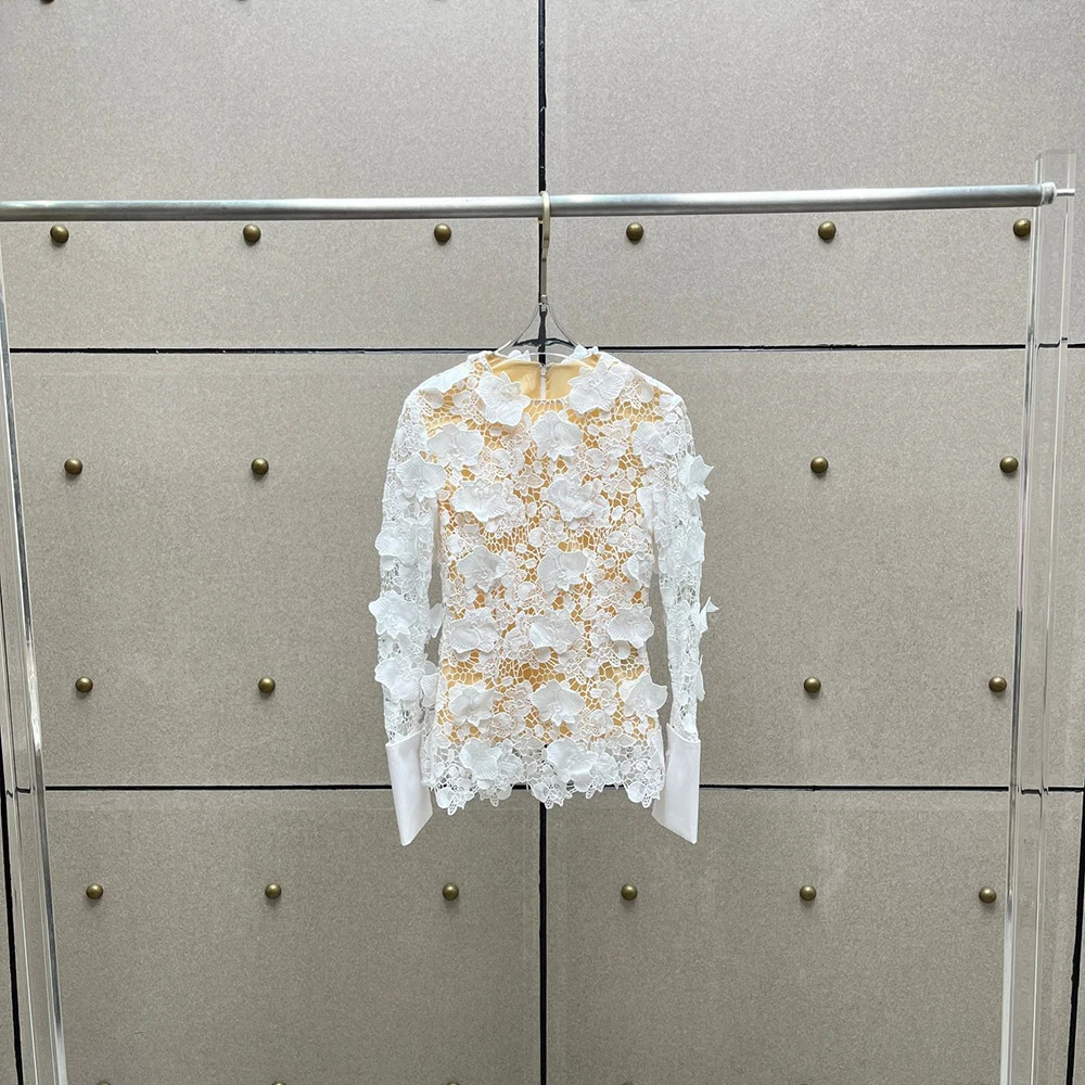 

Cotton Blend Women's T-Shirt Y2k Handmade Floral Hollow Elegant Commuter Round Neck Long Sleeve Tees Tops 2025 Summer New