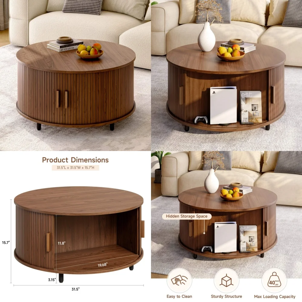طاولات القهوة المستديرة الحديثة مقاس 31.5 بوصة مع تصميم خشبي مخدد للتخزين