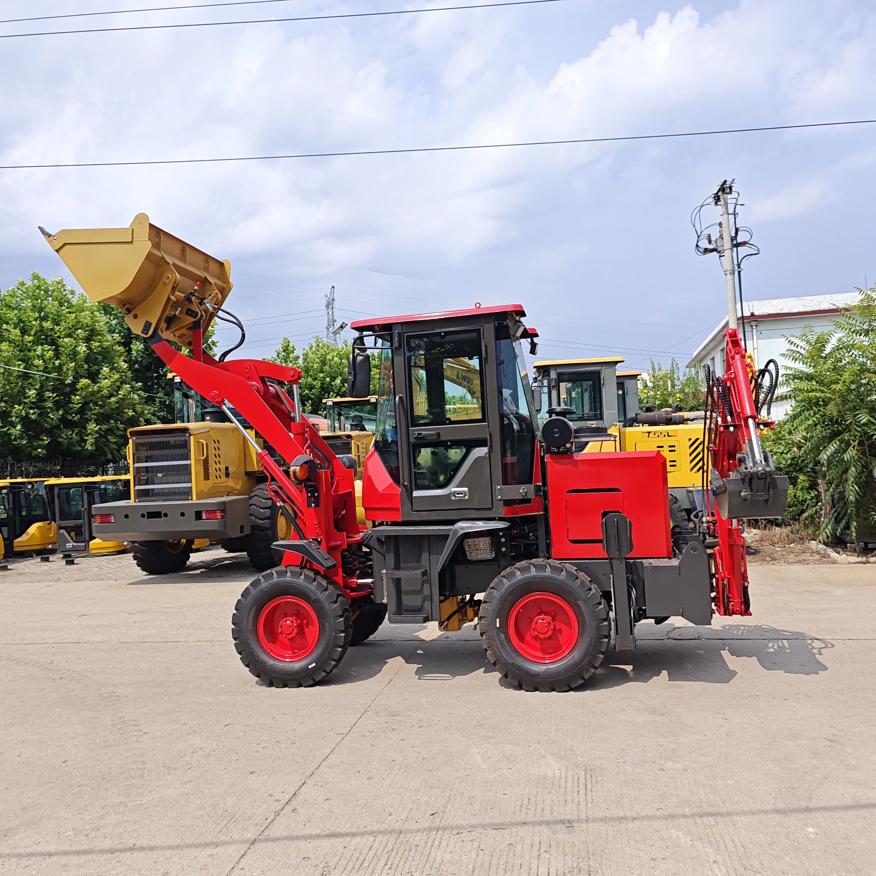 Multi-Functional Backhoe Loader Busy at Both Ends of Construction Projects for Road Construction and Garden