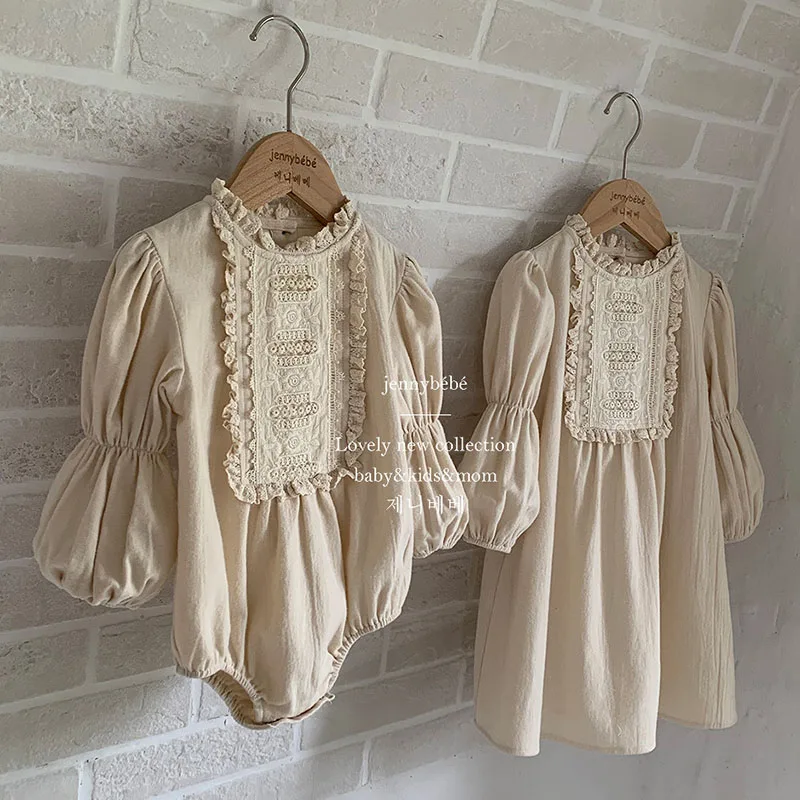 Autumn Spring European American Style Sister Dress Long Sleeved Cotton Lace Stitching Kids Princess Dresses Baby Girl Romper