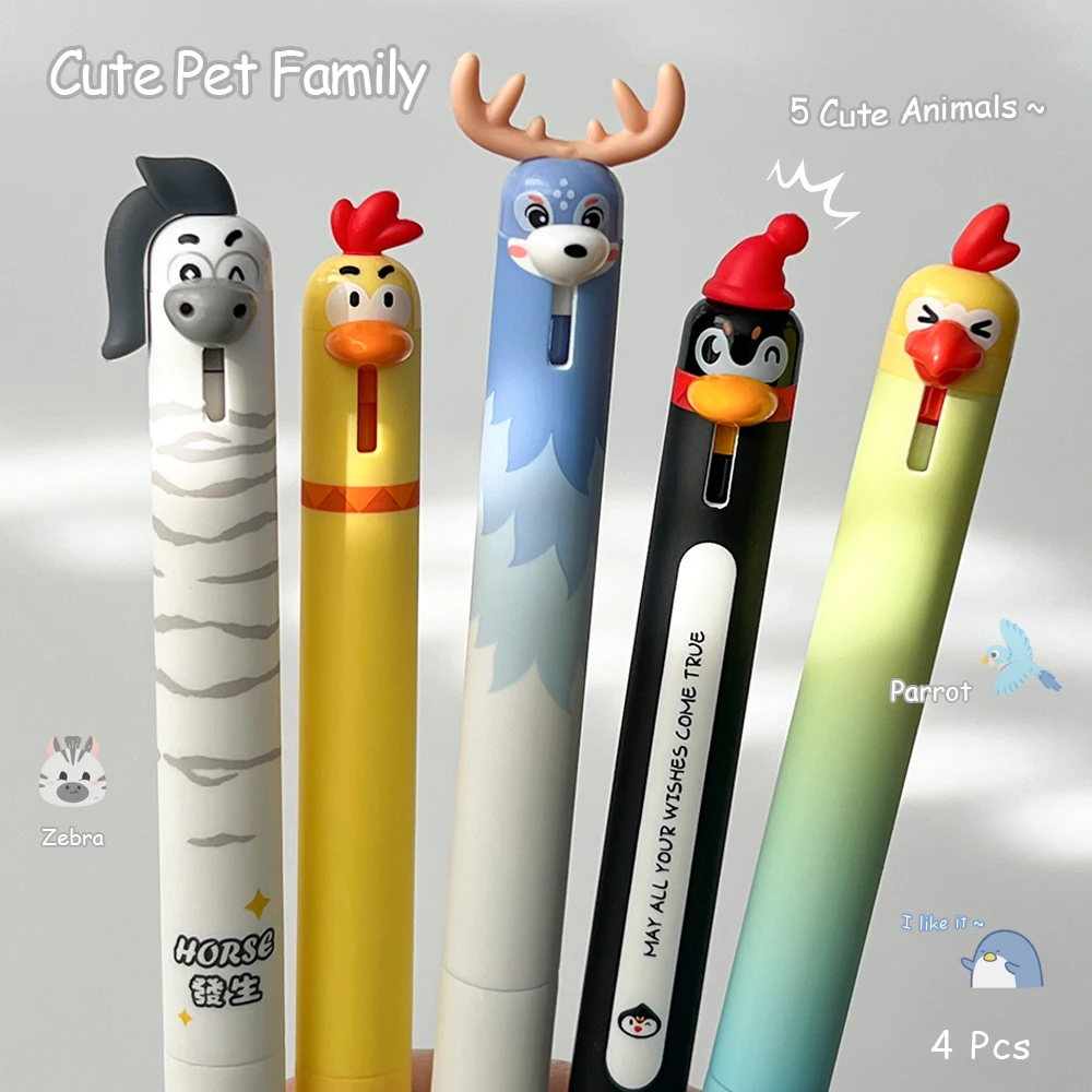 4 Pcs Cute Pet Series Fun Gel Pen 0.5mm Cute Animals Quick-Dry Pen Baby Chicken and Penguin Minimalist Style Black Pen