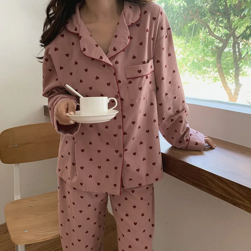 Women\'s Pajamas Set Spring Summer 2 Piece Heart Print Pyjama Pocket Buttons Down Sleepwear Long Sleeve Pijama Mujer Pjs Homewear