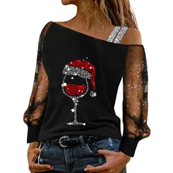 Off Shoulder Women's Shiny T Shirt Long Sleeve Christmas Clothes Wine Glass Print Mesh Splicing T Shirt Tops For Sexy Women