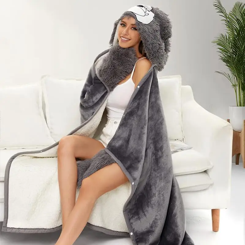 Cartoon Animal Hooded Wearable Blanket Flannel Cape Throw Blanket Shawl Wrap Blanket with Hand Pocket Winter Warm Home Cloak
