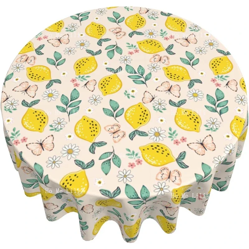 Lemons Flower Round Tablecloth Butterflies Table Cover For Kitchen Dining Buffet Parties And ​Camping Decor