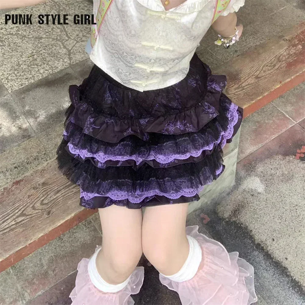 Cosplay Custume Patchwork Women Lace Kawaii Skirt Harajuku Girls Lolita Gothic Skirt Women Retro Ruffle Cake Tired Skirts Street