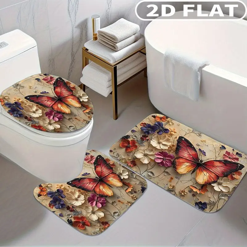 

3pcs Bathroom Rug Set Butterfly Floral Pattern Print Design Non-Slip Includes Bath Rug Contour Mat and Toilet Lid Cover Mat