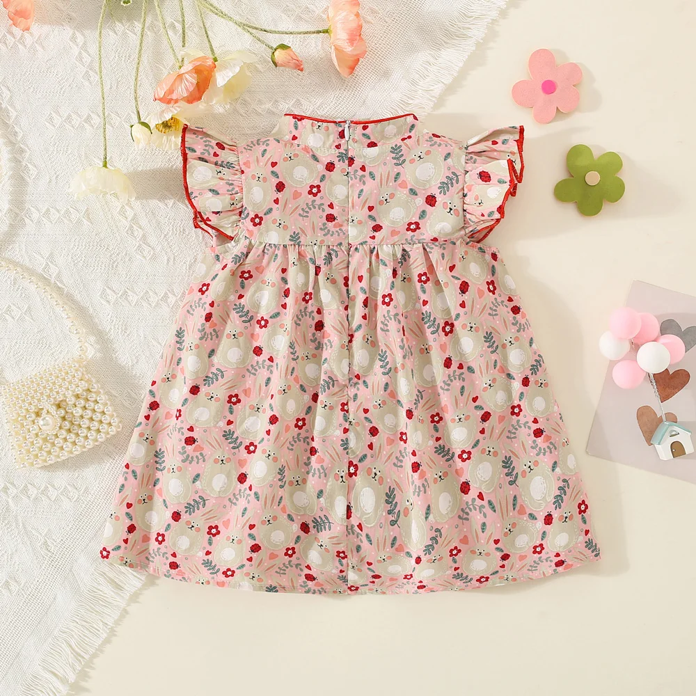 Baby Girl Loose And Cute Bow Tie Tassel Decoration Fly Sleeved Stand Up Collar Flower Cartoon Cheongsam Summer Dress