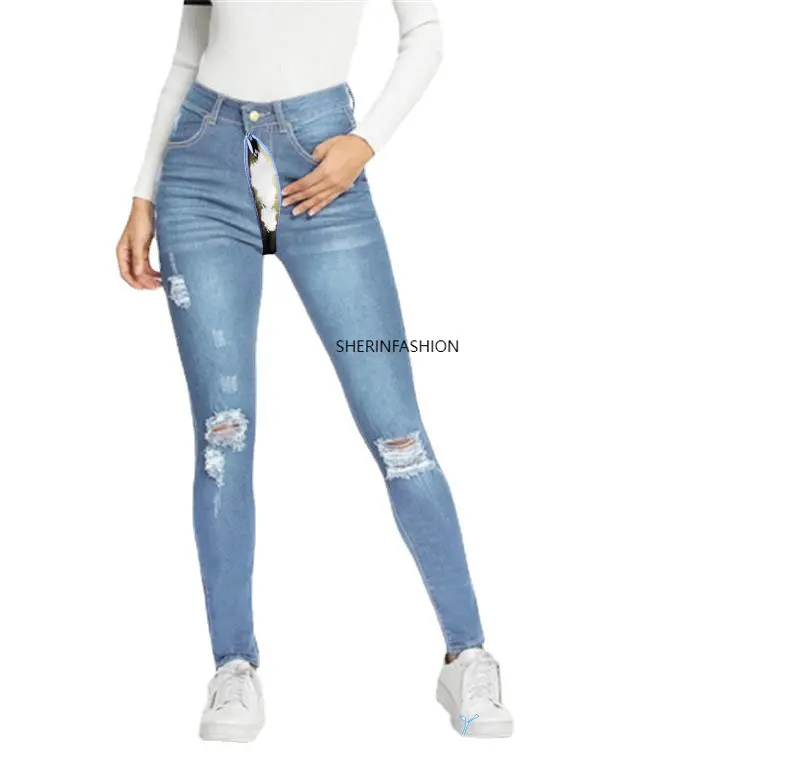 

Invisible Open Crotch Pants for Outdoor Sex Women's Ripped Boyfriend Jeans Cute Distressed Jeans Stretch Skinny Jeans with Hole