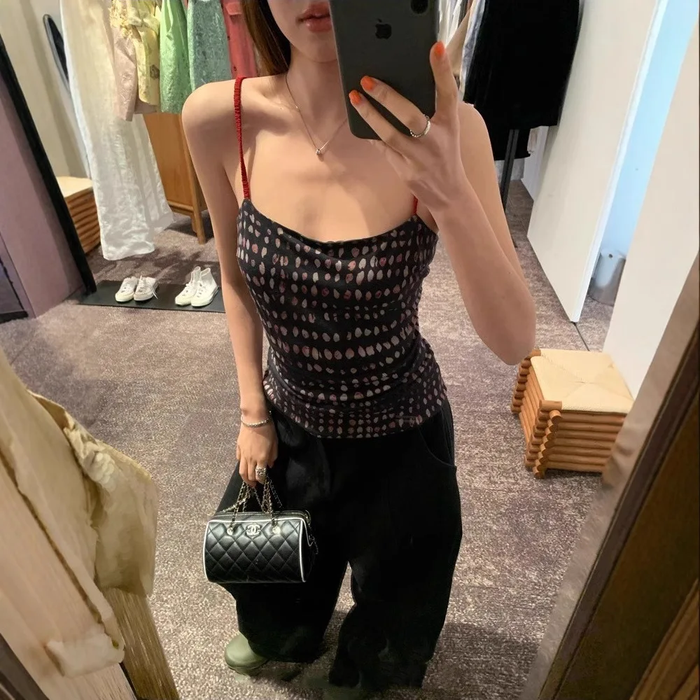 

2026 Vintage Polka Dot Print Cross Red Shoulder Strap Contrast Suspender Top