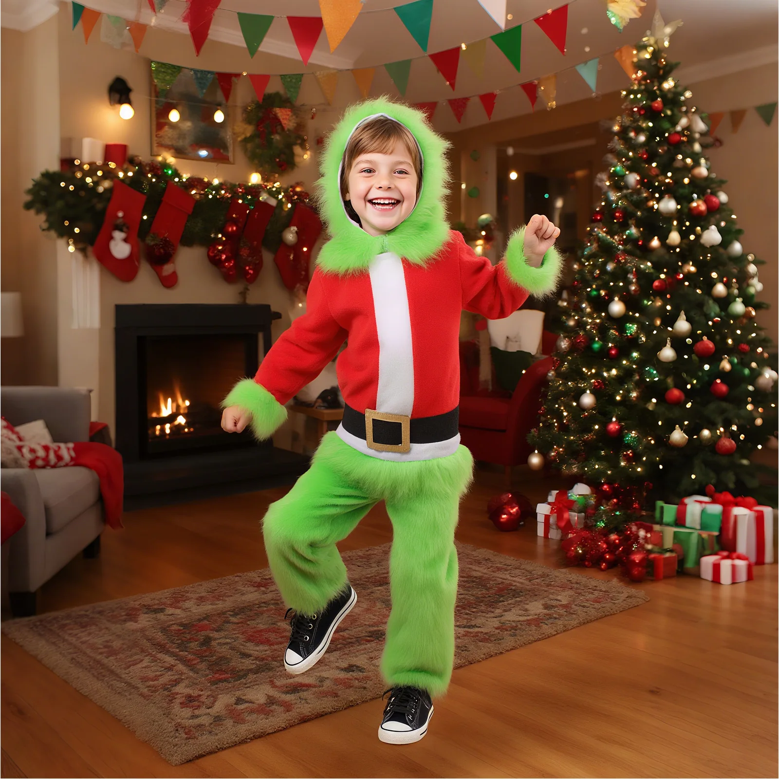 Boys Girls Christmas Costume Green Furry Jumpsuit Halloween Cosplay Party Xmas Role Play Family Photo Outfit