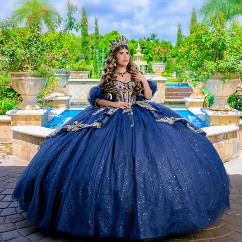 Shiny Royal Blue Quinceanera Dress Lace Tull layering crystal sequins decal flower Bow vestidos de 15 Quinceanera ﻿Customized