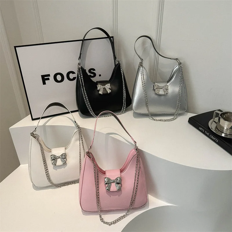 Fashion Cute Sweet Bow Underarm Bag Summer New Women's Shoulder Bag Out Decorative Handbag Gentle Temperament Shoulder Bag