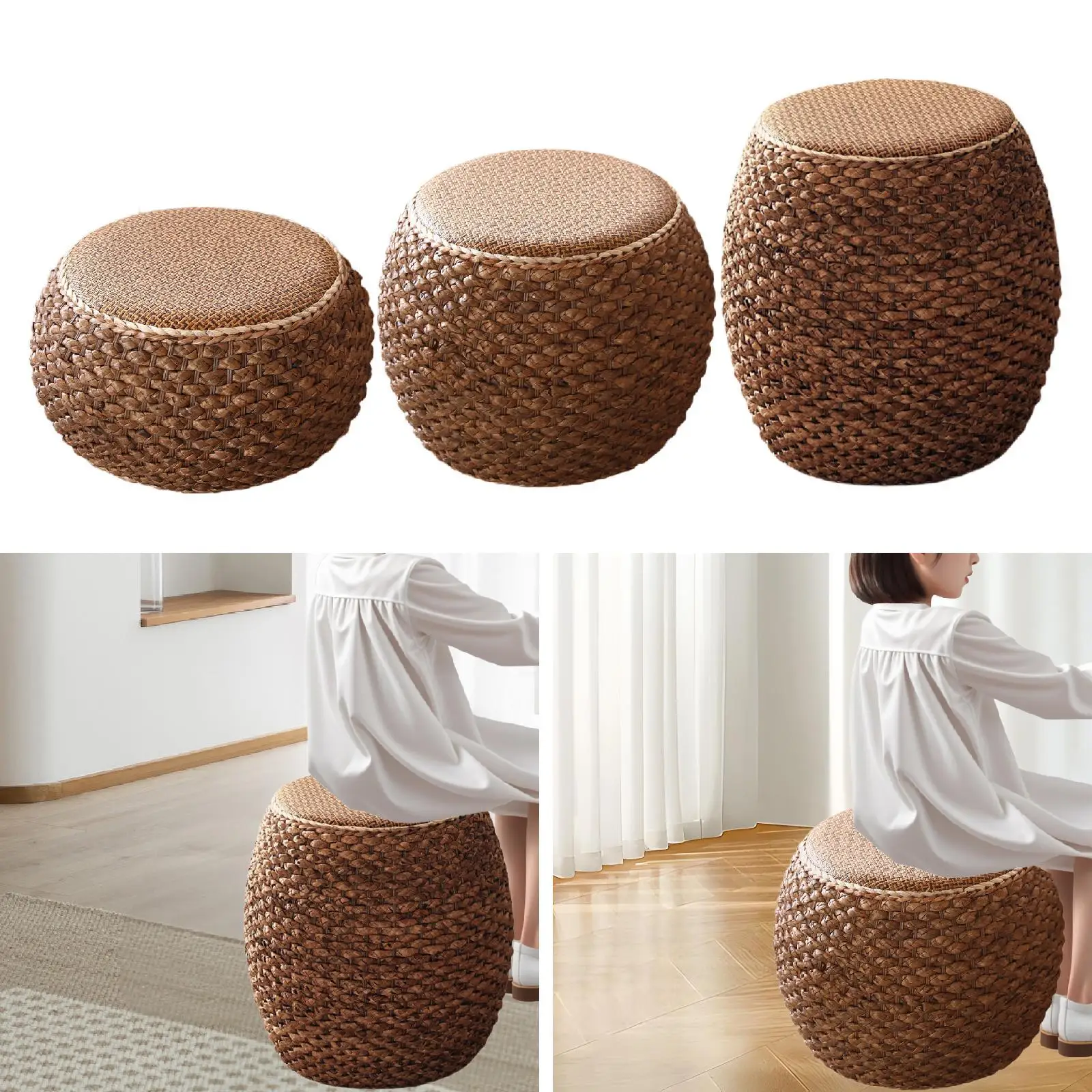 

Pouf Ottoman Round Footrest Rustic Comfortable Hand Weaving Foot Stool for Apartment Living Room Tea House Office Home Decor