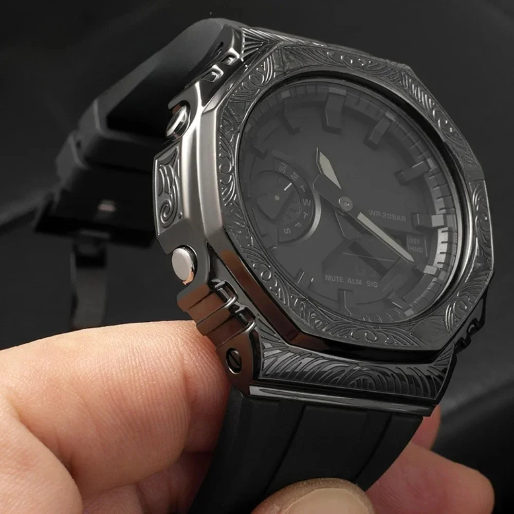 Metal Carving For Casioak GA2100 Luxury Refit Mod Kit For G shock GA-2110 Modification Kit Set Stainless Steel Case Rubber Strap