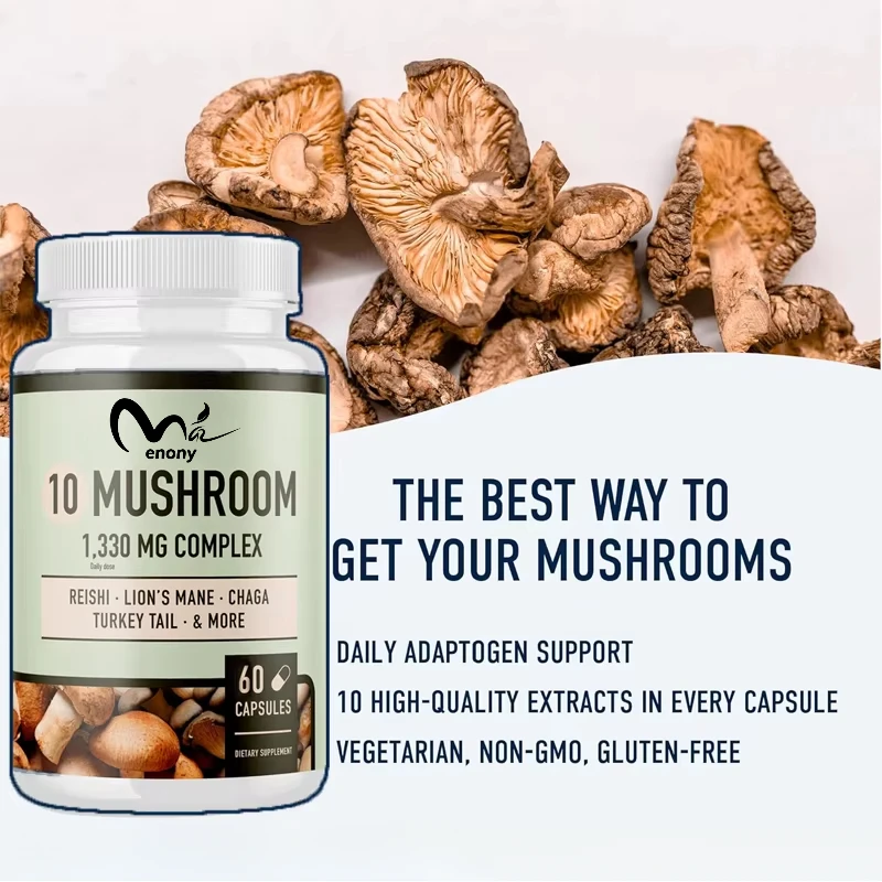 

10 types of mushroom compound supplements mixed with lion mane, turkey tail, cordyceps and other extracts for immune support