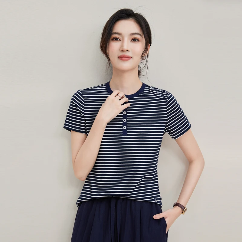 Summer Women's Lyocell T-shirt Casual Stripe Short Sleeve Round Neck Button Tees Fit Tops