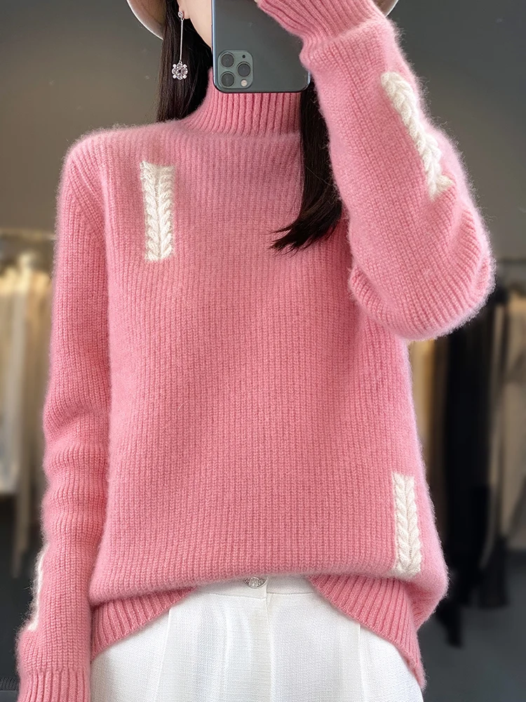 Women Cashmere Sweater 100% Merino Wool Pullover Mock Neck Jumper Soft Warm Knitwear Autumn Winter High Quality Tops Clothing