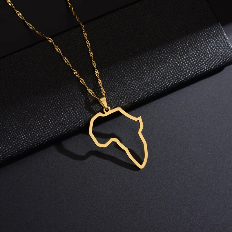 Fashion Africa Profile Map Pendant Necklaces Gold Color Outline Stainless Steel Ethnic African Maps Birthday Party Jewelry