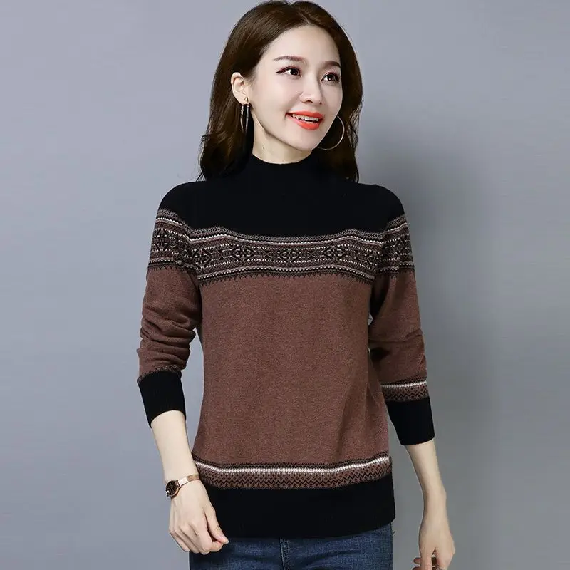 Women\'s Knitting Half High Neck Pullovers Top Long Sleeve All-match Contrast Short Sweaters Vintage Fashion Casual Clothing