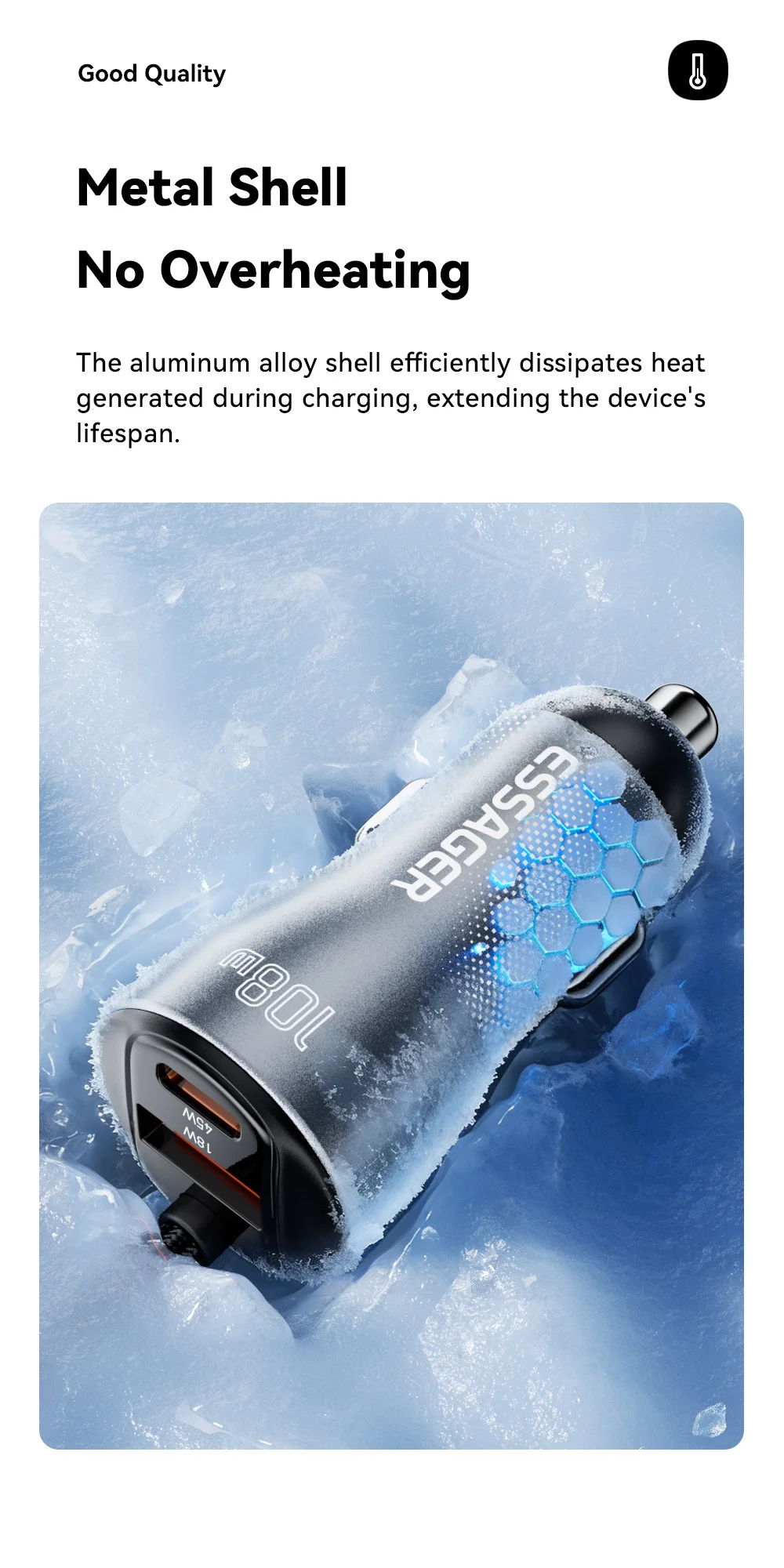 Essager 108W Car Charger with USB-C & USB-A Ports PD QC4.0 Fast Charging Digital Display Spring Cable for iPhone 17 pro MacBook