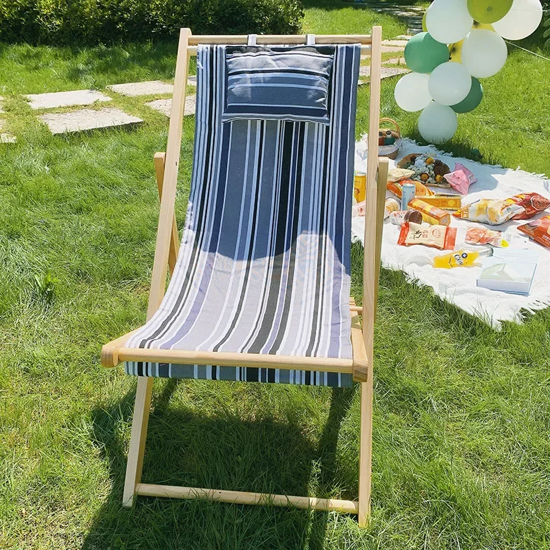 Outdoor Minimalist Beach Chair Modern Luxury Design Wooden Foldable Lounge Oxford Cloth Portable Comfortable Leisure Furniture