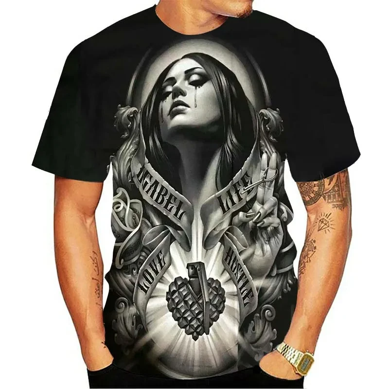 Crânio 3D beleza padrão impressão camiseta masculina, camiseta de manga curta, top de Harajuku, streetwear extragrandes, hip hop, o pescoço,