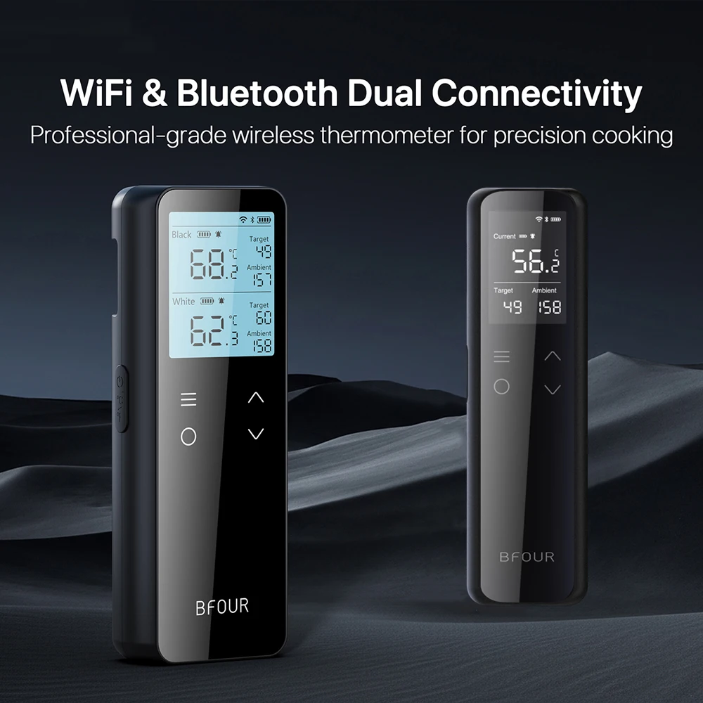 

WiFi Unlimited Range Meat Thermometer Wireless Bluetooth Probe Rechargeable Support APP Alarm Reminder for BBQ, Oven, Air Fryer