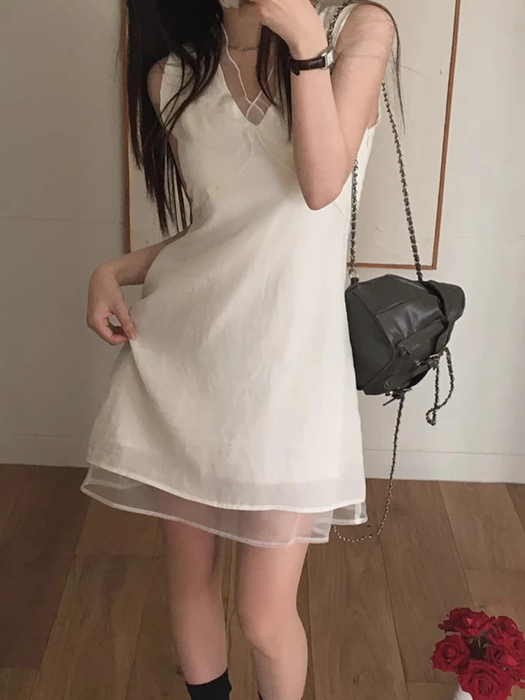 Vestido F Casual de Verão Estilo Coreano com Decote V em Renda Branca, Camada Dupla Solta e Saia Curta Respirável