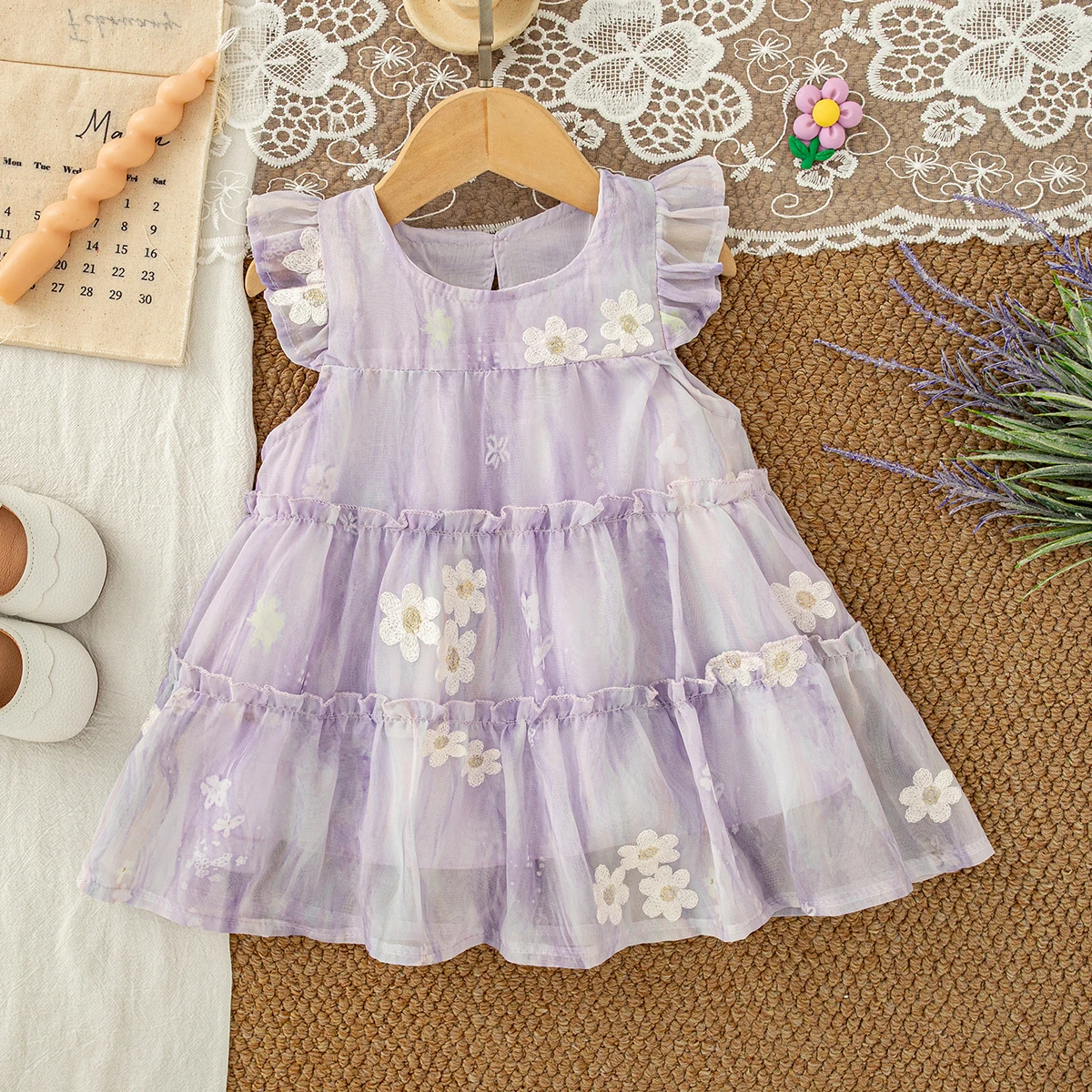Baby Girl Dress Summer Flower Mesh Small Fly Sleeves Cute Girl Dress Sweet Princess Birthday Party Baby Dress Baby Girl Clothing