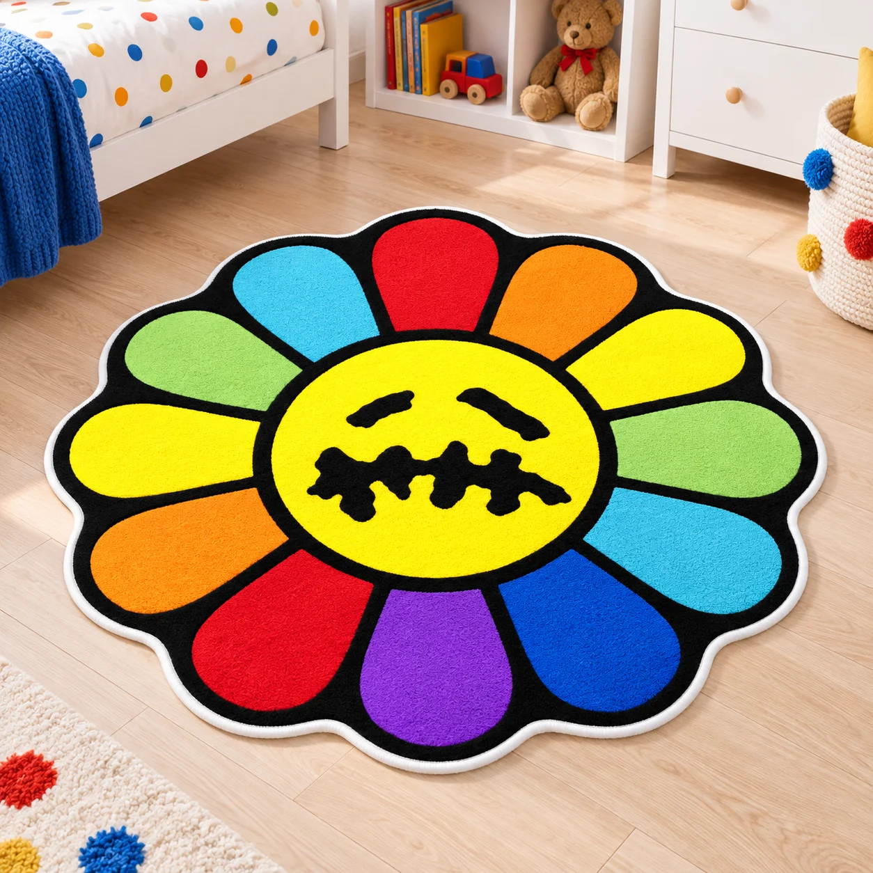 Colorful Rainbow Smiling Flower Irregular Area Rug, Soft Flannel Floor Mat for Living Room Bedroom Art Home Decor Gift