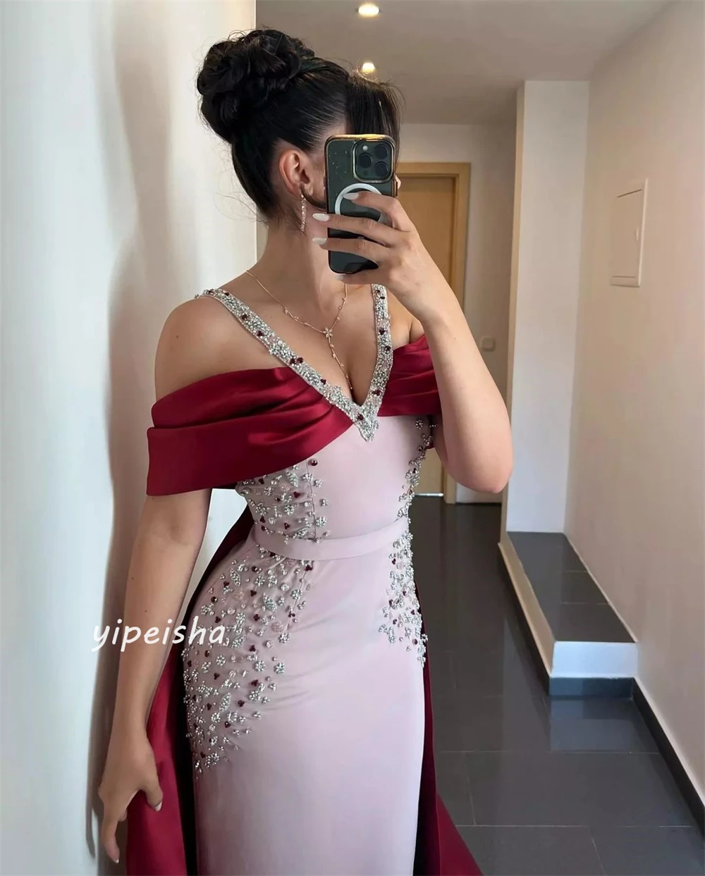 Jiayigong  Evening Jersey Sequined Beading Ruched Beach A-line Off-the-shoulder Bespoke Occasion Gown Midi Dresses