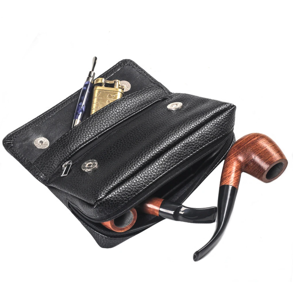 Stylish Compact Size Leather Tobacco Pouch Case With 2 Pipe Holder Pocket Multi-purpose Easy-to-