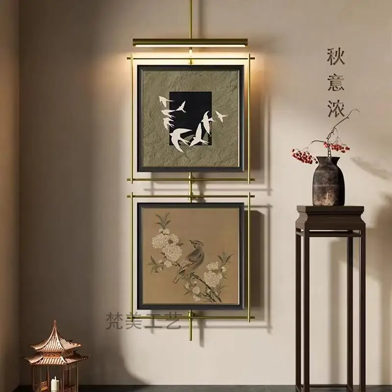New Chinese decorative painting wall lamp metal boom luminous mural living room