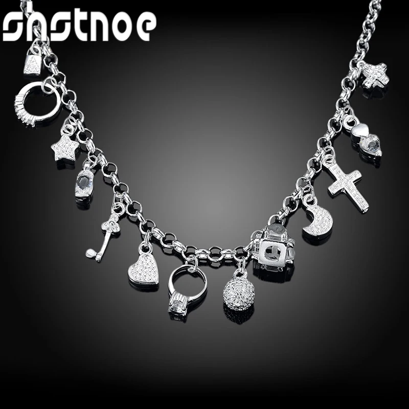Women's 925 Sterling SilverKey  lock  Cross Star Moon And Heart Necklace Trendy Multi Element Jewelry Christmas Party Accessory