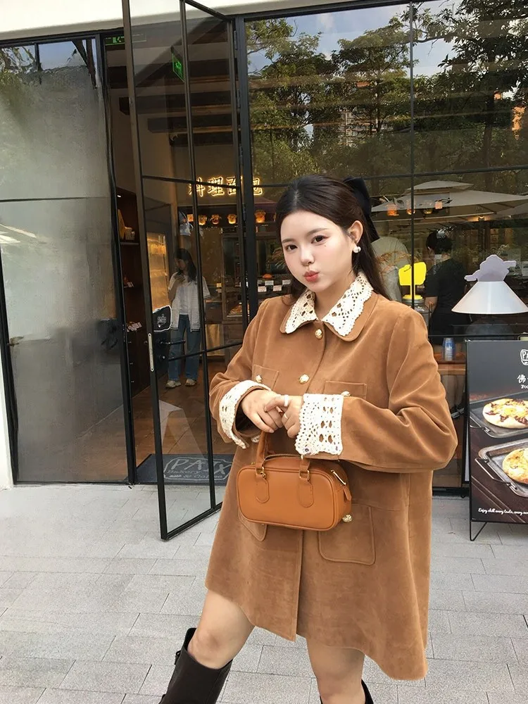 

Коричневое женское пальто с кружевным отложным воротником, винтажное, осенне-зимнее, модное, большого размера, прямого кроя, с длинными рукавами, миди-пальто