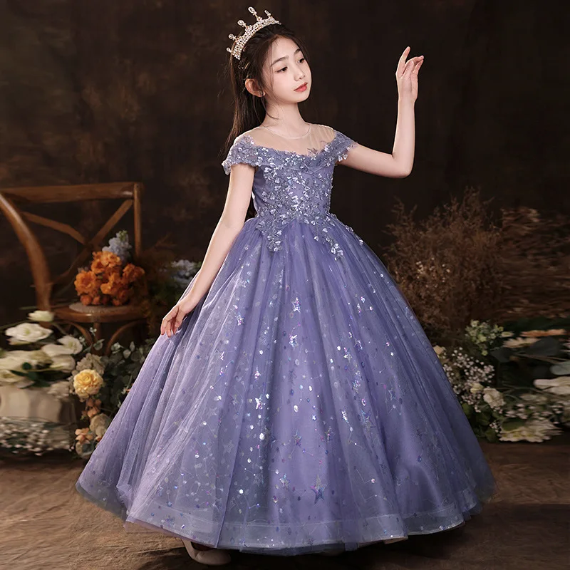 Children's Dresse Perspective Sexy kids Sequin Sequin starry sky flower embroidery Long wedding Ball Birthday party Dress robe