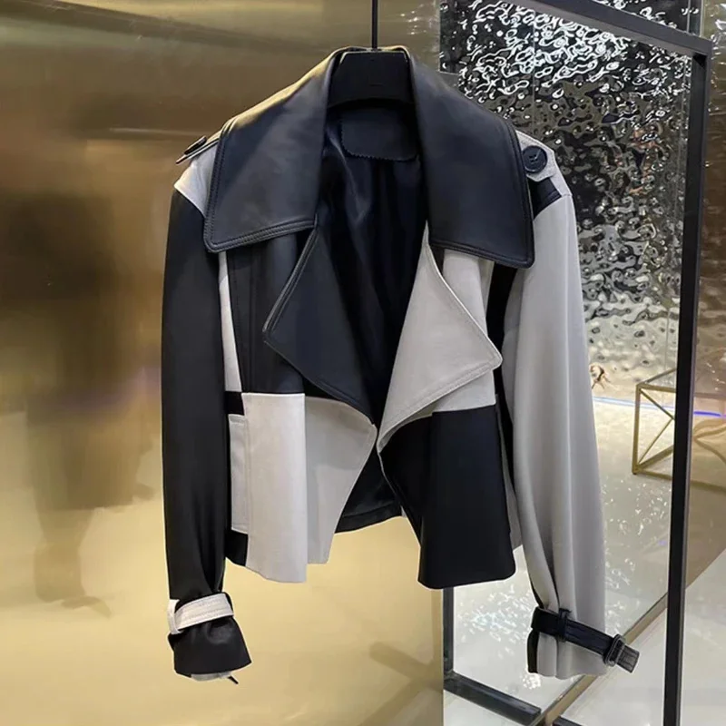 Chaqueta de cuero con solapa ancha para Mujer, abrigo corto a cuadros en blanco y negro con volantes, ropa de calle para otoño e invierno, 2024